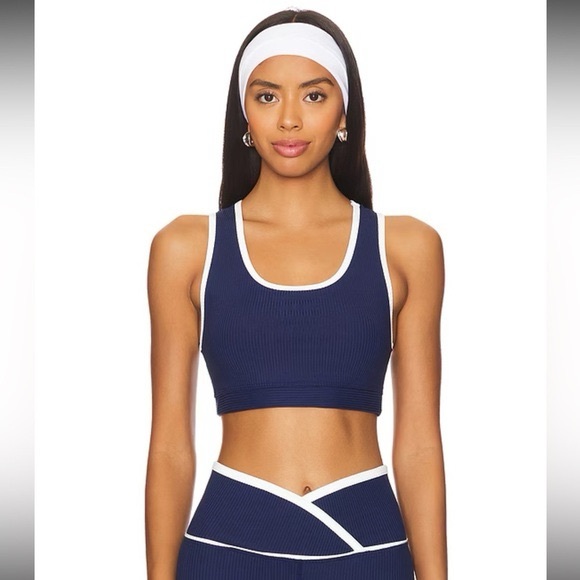 Year of Ours Navy Ribbed Sports Bra & Leggings with White Piping SET size small - Picture 2 of 3